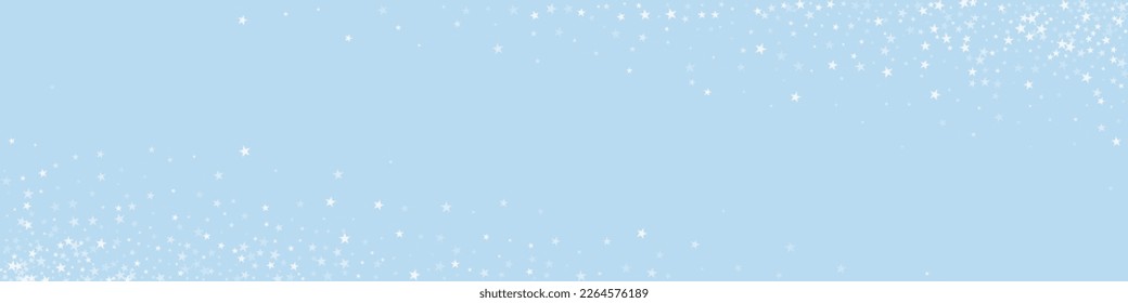 Falling snowflakes christmas background. Subtle flying snow flakes and stars on light blue winter backdrop. Beautifully falling snowflakes overlay. Panoramic vector illustration.