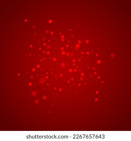 La caída de los copos de nieve hace el fondo de la navidad. Sutiles copos de nieve volando y estrellas de fondo rojo navideño. Los copos de nieve que caían con belleza se superponen. Ilustración vectorial cuadrada.