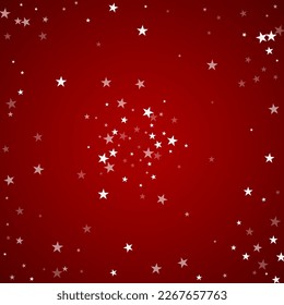 Falling snowflakes christmas background. Subtle flying snow flakes and stars on christmas red background. Beautifully falling snowflakes overlay. Square vector illustration.