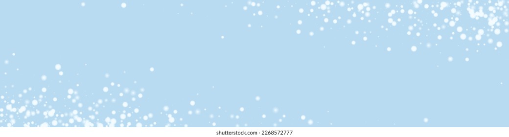 Falling snowflakes christmas background. Subtle flying snow flakes and stars on light blue winter backdrop. Beautifully falling snowflakes overlay. Panoramic vector illustration.