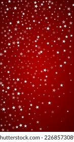 Fallende Schneeflocken Weihnachtshintergrund. Subtile fliegende Schneeflocken und Sterne auf christlich-rotem Hintergrund. Schneeflocken-Overlay mit schönem Abfallen. Vertikale Vektorgrafik.
