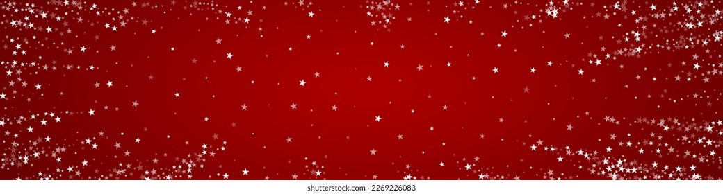 Falling snowflakes christmas background. Subtle flying snow flakes and stars on christmas red background. Beautifully falling snowflakes overlay. Panoramic vector illustration.