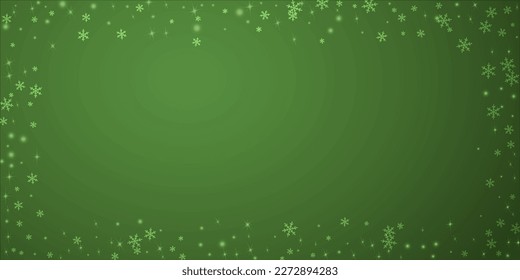 Falling snowflakes christmas background. Subtle flying snow flakes and stars on christmas green background. Beautifully falling snowflakes overlay. Wide vector illustration.