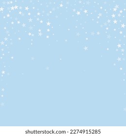 Falling snowflakes christmas background. Subtle flying snow flakes and stars on light blue winter backdrop. Beautifully falling snowflakes overlay. Square vector illustration.