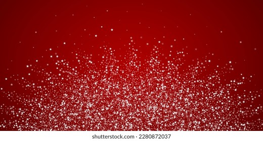 Falling snowflakes christmas background. Subtle flying snow flakes and stars on christmas red background. Beautifully falling snowflakes overlay. Wide vector illustration.
