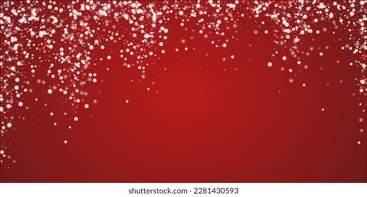 Falling snowflakes christmas background. Subtle flying snow flakes and stars on christmas red background. Beautifully falling snowflakes overlay. Wide vector illustration.