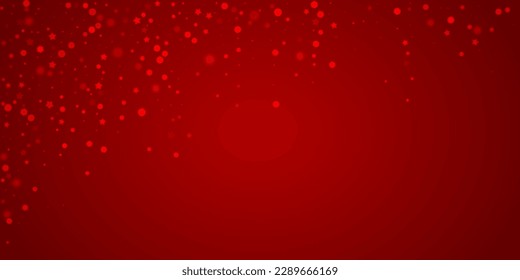Falling snowflakes christmas background. Subtle flying snow flakes and stars on christmas red background. Beautifully falling snowflakes overlay. Wide vector illustration.