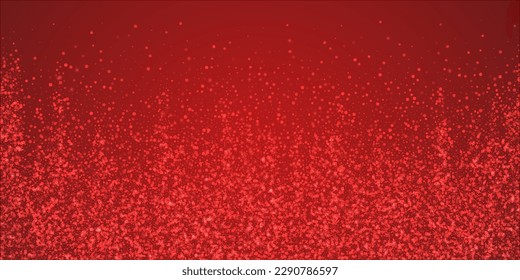 Falling snowflakes christmas background. Subtle flying snow flakes and stars on christmas red background. Beautifully falling snowflakes overlay. Wide vector illustration.