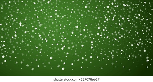 Falling snowflakes christmas background. Subtle flying snow flakes and stars on christmas green background. Beautifully falling snowflakes overlay. Wide vector illustration.