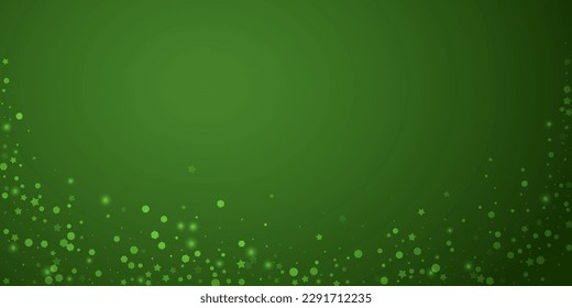 La caída de los copos de nieve hace el fondo de la navidad. Sutiles copos de nieve volando y estrellas sobre fondo verde navideño. Los copos de nieve que caían con belleza se superponen. Ilustración vectorial amplia.