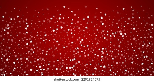 Falling snowflakes christmas background. Subtle flying snow flakes and stars on christmas red background. Beautifully falling snowflakes overlay. Wide vector illustration.