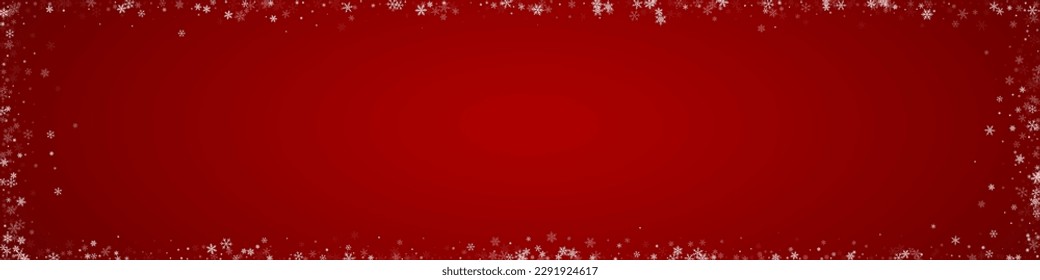 Falling snowflakes christmas background. Subtle flying snow flakes and stars on christmas red background. Beautifully falling snowflakes overlay. Panoramic vector illustration.