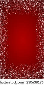 Falling snowflakes christmas background. Subtle flying snow flakes and stars on christmas red background. Beautifully falling snowflakes overlay. Vertical vector illustration.