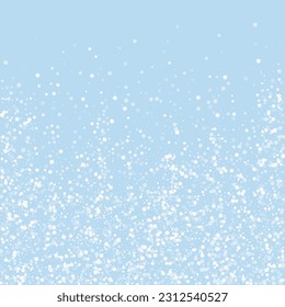 Falling snowflakes christmas background. Subtle flying snow flakes and stars on light blue winter backdrop. Beautifully falling snowflakes overlay. Square vector illustration.
