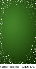 Falling snowflakes christmas background. Subtle flying snow flakes and stars on christmas green background. Beautifully falling snowflakes overlay. Vertical vector illustration.