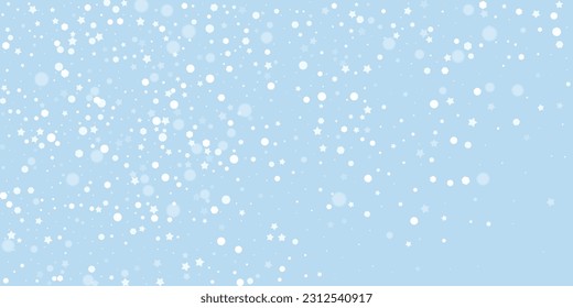 Falling snowflakes christmas background. Subtle flying snow flakes and stars on light blue winter backdrop. Beautifully falling snowflakes overlay. Wide vector illustration.