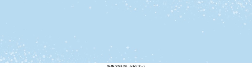 Falling snowflakes christmas background. Subtle flying snow flakes and stars on light blue winter backdrop. Beautifully falling snowflakes overlay. Panoramic vector illustration.
