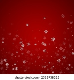 La caída de los copos de nieve hace el fondo de la navidad. Sutiles copos de nieve volando y estrellas de fondo rojo navideño. Los copos de nieve que caían con belleza se superponen. Ilustración vectorial cuadrada.