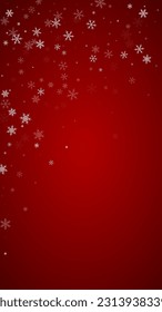 Falling snowflakes christmas background. Subtle flying snow flakes and stars on christmas red background. Beautifully falling snowflakes overlay. Vertical vector illustration.