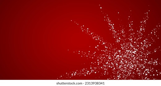 Falling snowflakes christmas background. Subtle flying snow flakes and stars on christmas red background. Beautifully falling snowflakes overlay. Wide vector illustration.