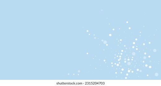 Falling snowflakes christmas background. Subtle flying snow flakes and stars on light blue winter backdrop. Beautifully falling snowflakes overlay. Wide vector illustration.