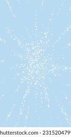 Falling snowflakes christmas background. Subtle flying snow flakes and stars on light blue winter backdrop. Beautifully falling snowflakes overlay. Vertical vector illustration.