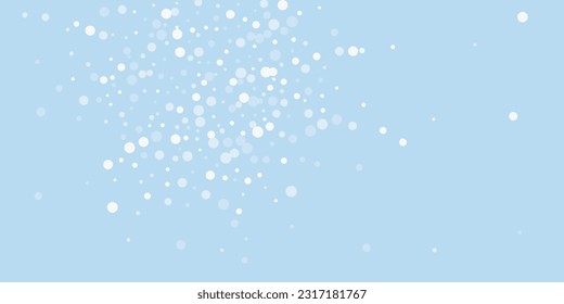 Falling snowflakes christmas background. Subtle flying snow flakes and stars on light blue winter backdrop. Beautifully falling snowflakes overlay. Wide vector illustration.