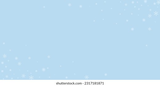 Falling snowflakes christmas background. Subtle flying snow flakes and stars on light blue winter backdrop. Beautifully falling snowflakes overlay. Wide vector illustration.