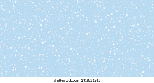 Falling snowflakes christmas background. Subtle flying snow flakes and stars on light blue winter backdrop. Beautifully falling snowflakes overlay. Wide vector illustration.