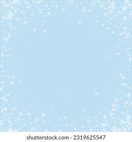 Falling snowflakes christmas background. Subtle flying snow flakes and stars on light blue winter backdrop. Beautifully falling snowflakes overlay. Square vector illustration.