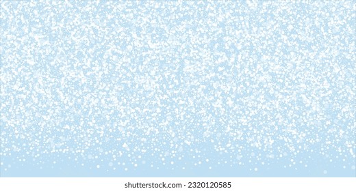 Falling snowflakes christmas background. Subtle flying snow flakes and stars on light blue winter backdrop. Beautifully falling snowflakes overlay. Wide vector illustration.