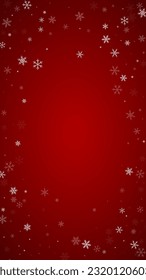 Falling snowflakes christmas background. Subtle flying snow flakes and stars on christmas red background. Beautifully falling snowflakes overlay. Vertical vector illustration.