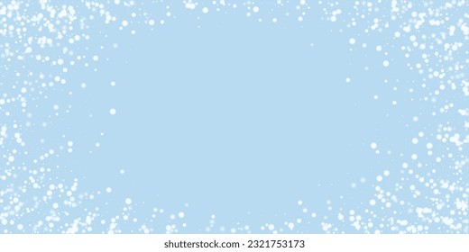 Falling snowflakes christmas background. Subtle flying snow flakes and stars on light blue winter backdrop. Beautifully falling snowflakes overlay. Wide vector illustration.