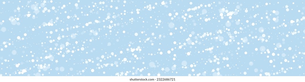 Falling snowflakes christmas background. Subtle flying snow flakes and stars on light blue winter backdrop. Beautifully falling snowflakes overlay. Panoramic vector illustration.