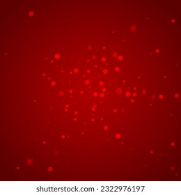 Falling snowflakes christmas background. Subtle flying snow flakes and stars on christmas red background. Beautifully falling snowflakes overlay. Square vector illustration.