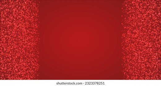 Falling snowflakes christmas background. Subtle flying snow flakes and stars on christmas red background. Beautifully falling snowflakes overlay. Wide vector illustration.