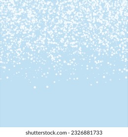 Falling snowflakes christmas background. Subtle flying snow flakes and stars on light blue winter backdrop. Beautifully falling snowflakes overlay. Square vector illustration.