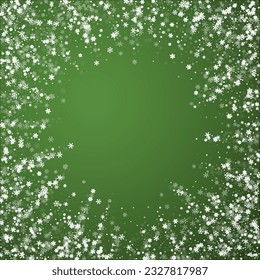Falling snowflakes christmas background. Subtle flying snow flakes and stars on christmas green background. Beautifully falling snowflakes overlay. Square vector illustration.