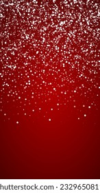 Falling snowflakes christmas background. Subtle flying snow flakes and stars on christmas red background. Beautifully falling snowflakes overlay. Vertical vector illustration.