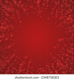 Falling snowflakes christmas background. Subtle flying snow flakes and stars on christmas red background. Beautifully falling snowflakes overlay. Square vector illustration.