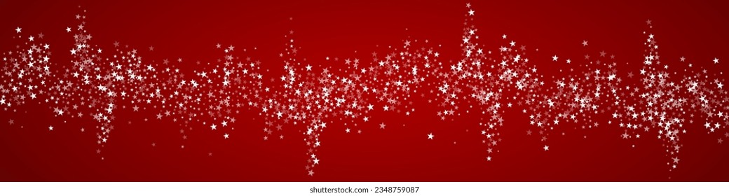 Falling snowflakes christmas background. Subtle flying snow flakes and stars on christmas red background. Beautifully falling snowflakes overlay. Panoramic vector illustration.