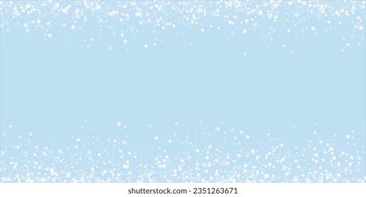 Falling snowflakes christmas background. Subtle flying snow flakes and stars on light blue winter backdrop. Beautifully falling snowflakes overlay. Wide vector illustration.