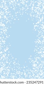 Falling snowflakes christmas background. Subtle flying snow flakes and stars on light blue winter backdrop. Beautifully falling snowflakes overlay. Vertical vector illustration.