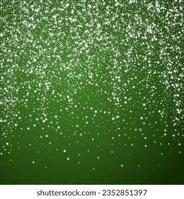 Falling snowflakes christmas background. Subtle flying snow flakes and stars on christmas green background. Beautifully falling snowflakes overlay. Square vector illustration.