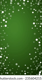 Falling snowflakes christmas background. Subtle flying snow flakes and stars on christmas green background. Beautifully falling snowflakes overlay. Vertical vector illustration.