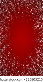 Falling snowflakes christmas background. Subtle flying snow flakes and stars on christmas red background. Beautifully falling snowflakes overlay. Vertical vector illustration.
