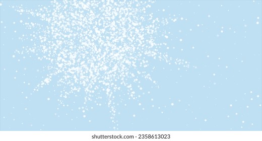 Falling snowflakes christmas background. Subtle flying snow flakes and stars on light blue winter backdrop. Beautifully falling snowflakes overlay. Wide vector illustration.