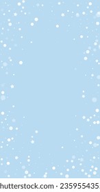 Falling snowflakes christmas background. Subtle flying snow flakes and stars on light blue winter backdrop. Beautifully falling snowflakes overlay. Vertical vector illustration.