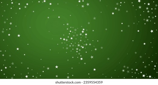 Falling snowflakes christmas background. Subtle flying snow flakes and stars on christmas green background. Beautifully falling snowflakes overlay. Wide vector illustration.