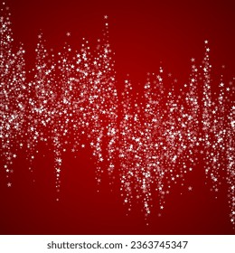 La caída de los copos de nieve hace el fondo de la navidad. Sutiles copos de nieve volando y estrellas de fondo rojo navideño. Los copos de nieve que caían con belleza se superponen. Ilustración vectorial cuadrada.
